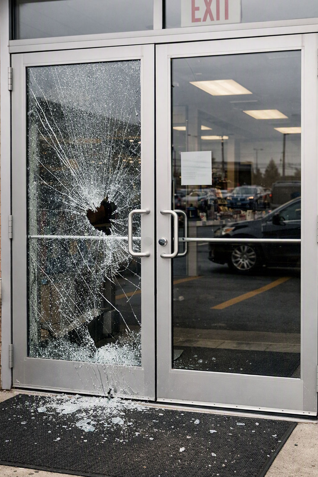 Damaged commercial door glass before replacement